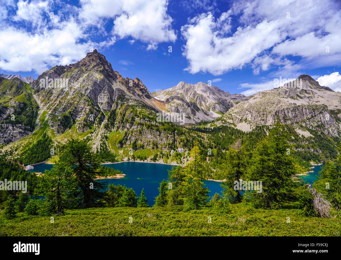 Italy Piedmont Alpe Devero Natural Park Lake of Devero with the peaks ...