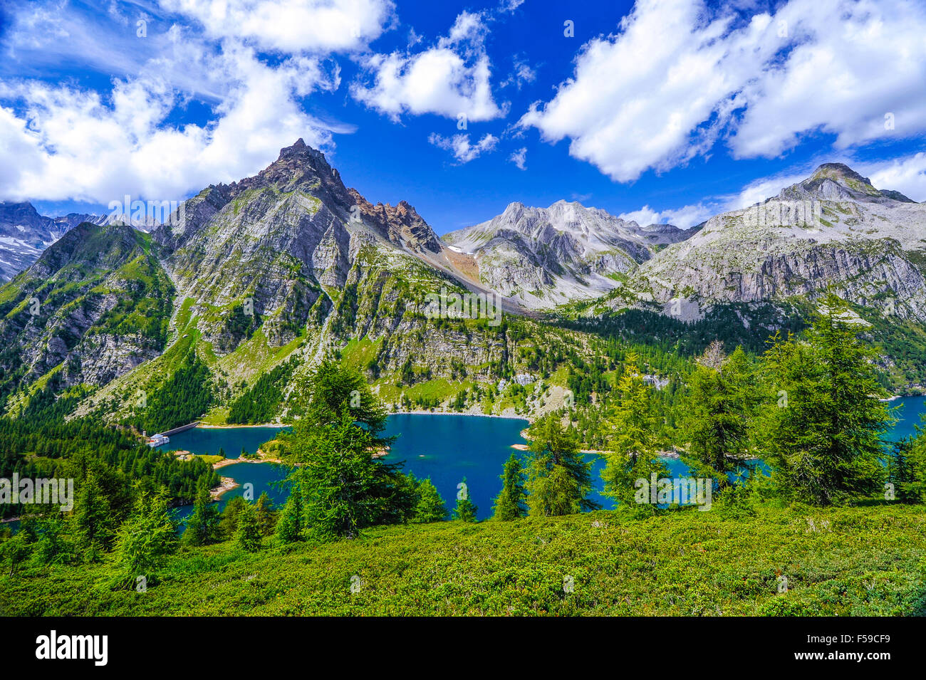 Italy Piedmont Alpe Devero Natural Park Lake of Devero with the peaks ...