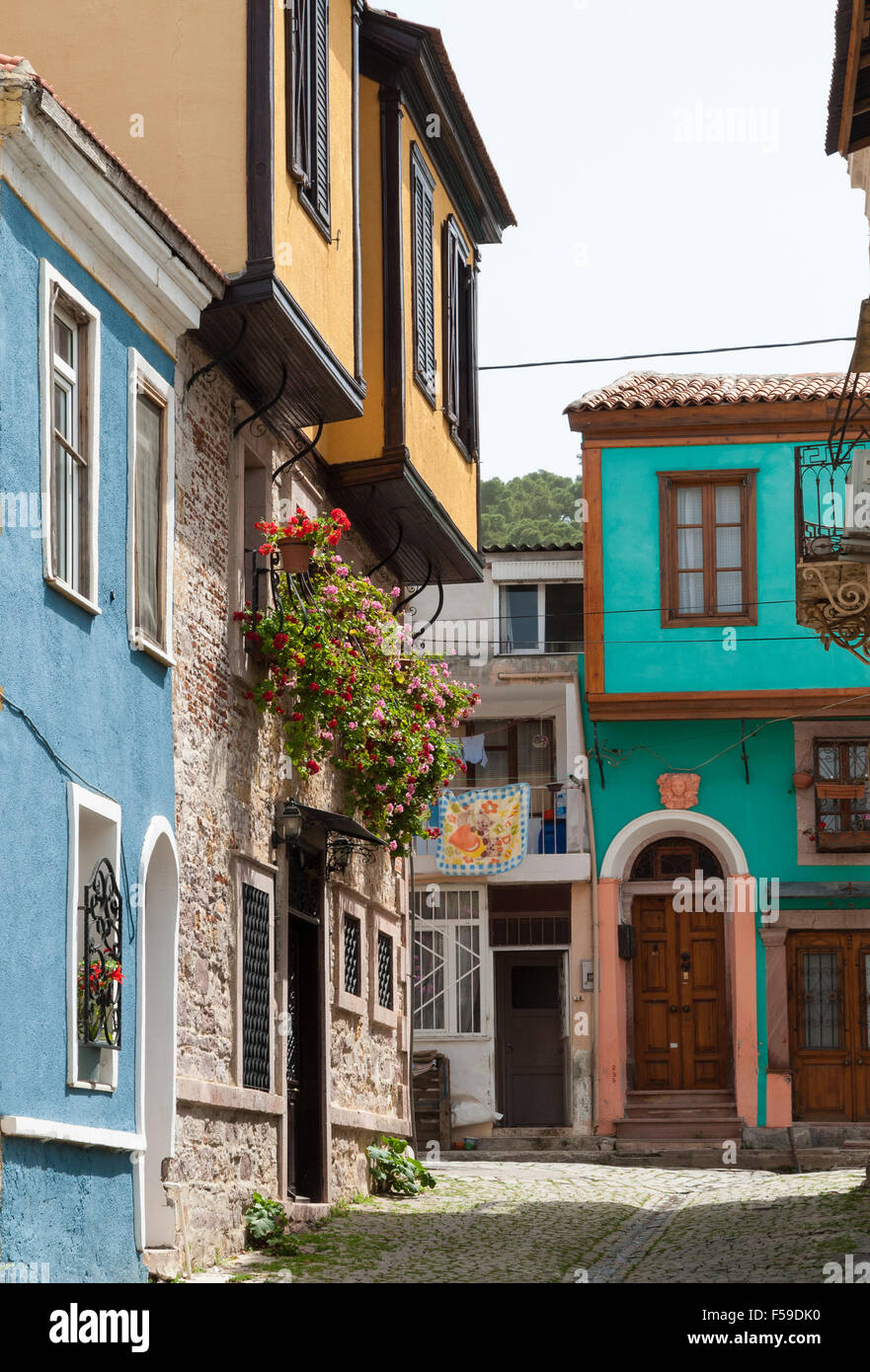Old traditional houses in different colors in Ayvalik, Turkey Stock ...