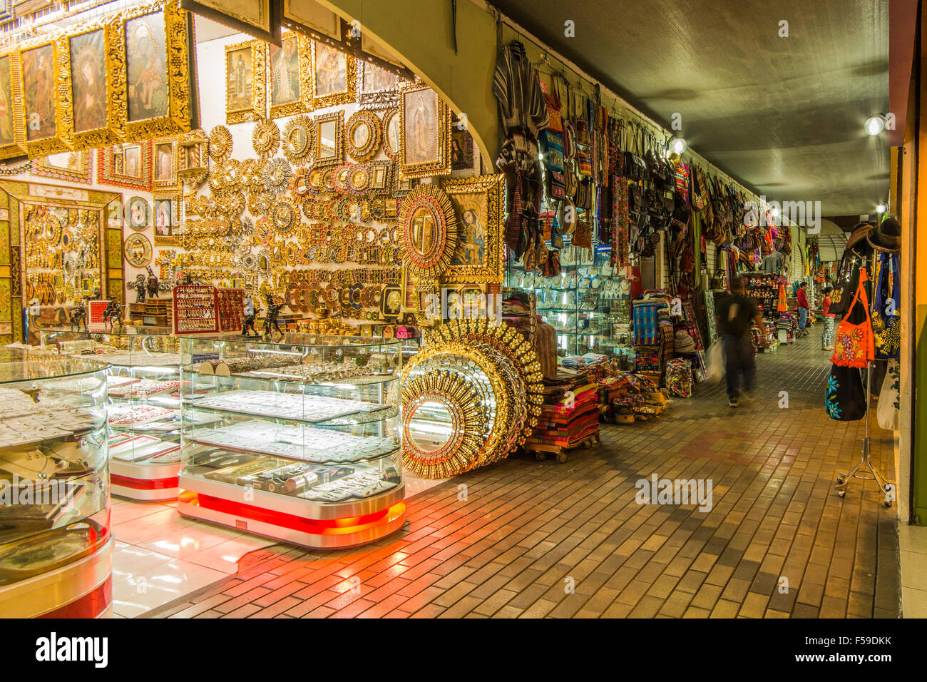 Typical Peruvian souvenirs and crafts on sale at the Inka Market in Miraflores in central Lima, Peru Stock Photo