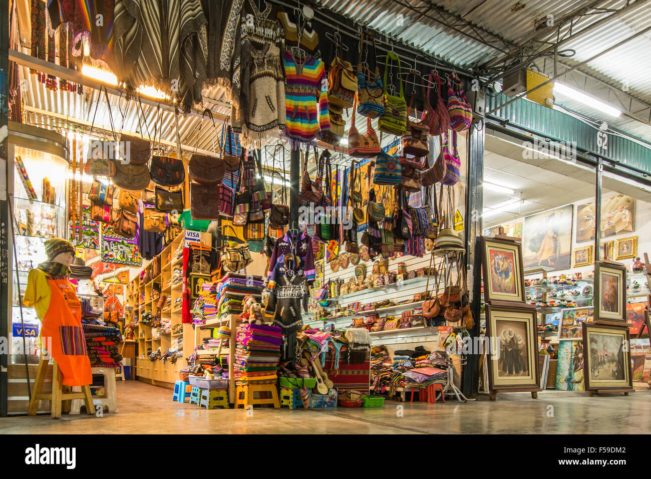 Typical Peruvian clothes, souvenirs and crafts on sale at the Inka Market in Miraflores in central Lima, Peru Stock Photo