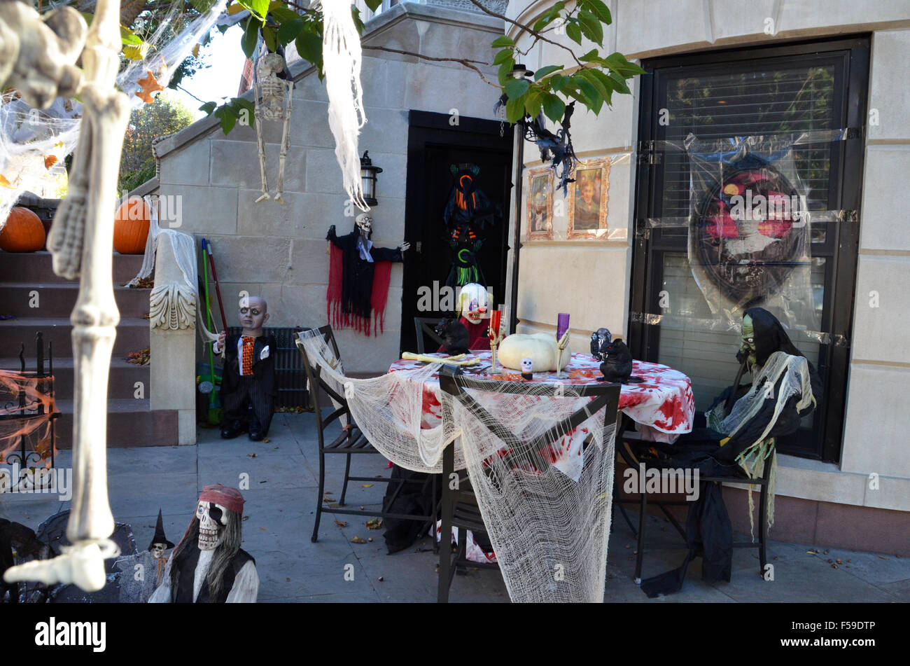 halloween decorations park slope brooklyn skeletons blood with at table