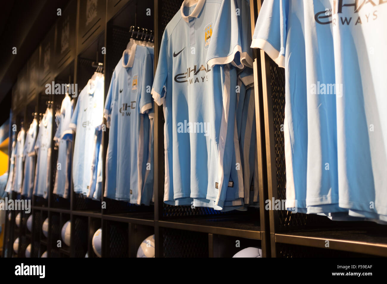 Display of shirts in the Manchester City club shop at the Etihad stadium  Stock Photo - Alamy