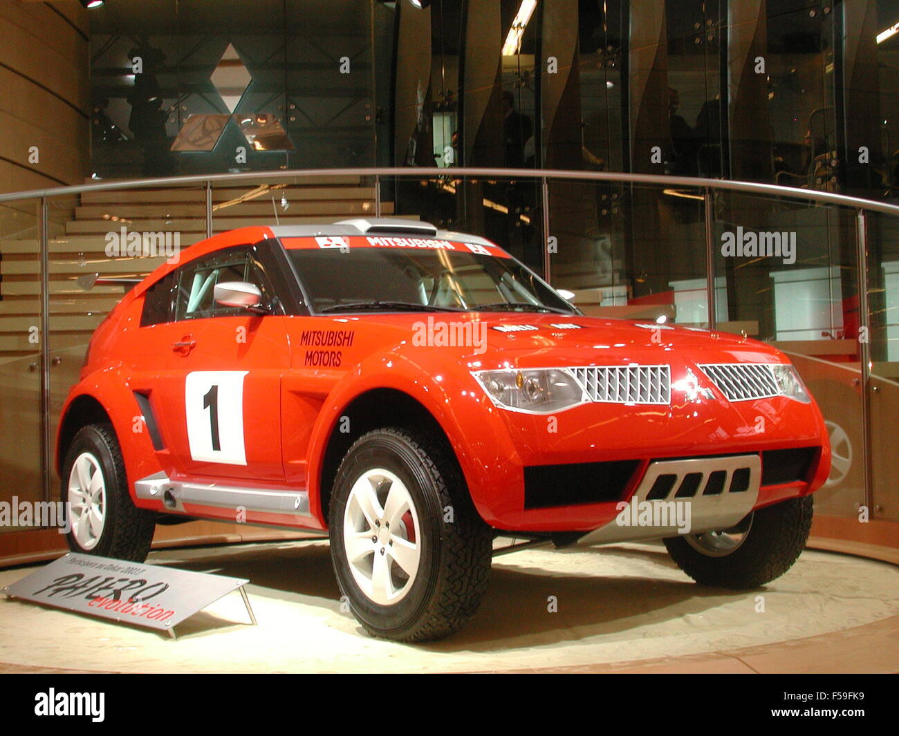 Mitsubishi Pajero Evo Evolution concept car shown at geneva motorshow 2002 to be used for dakar rally showing front and side view Stock Photo