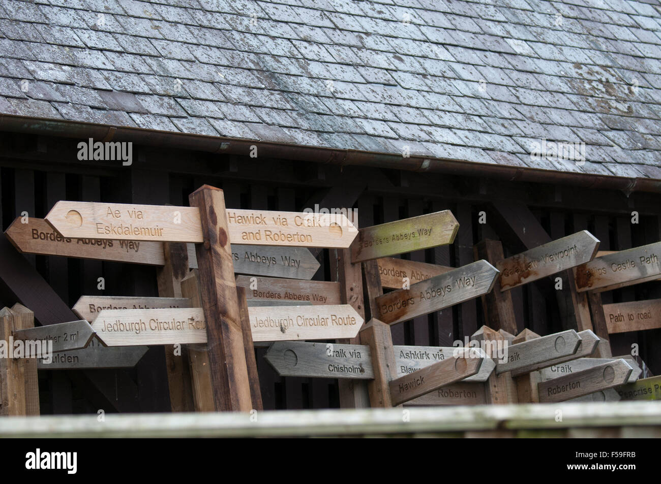 A collection of footpath signs at Harestanes Stock Photo