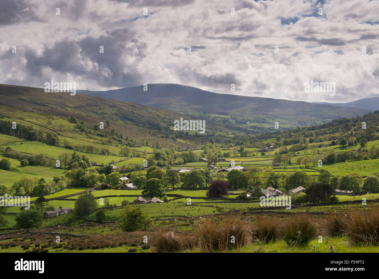 View from Lea Yeat Brow, Sedbergh, Cumbria, UK, looking out over the uplands, green pastures and meadows in the valley of picturesque, sunny Dentdale, Stock Photo