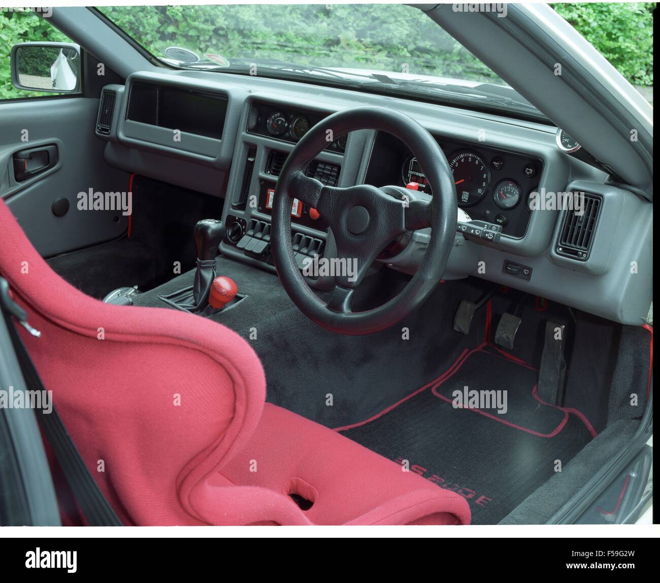 Ford RS200 / RS 200 Road Car in diamond white - mid engined sports car 1980s - showing the cars interior drivers seat Stock Photo