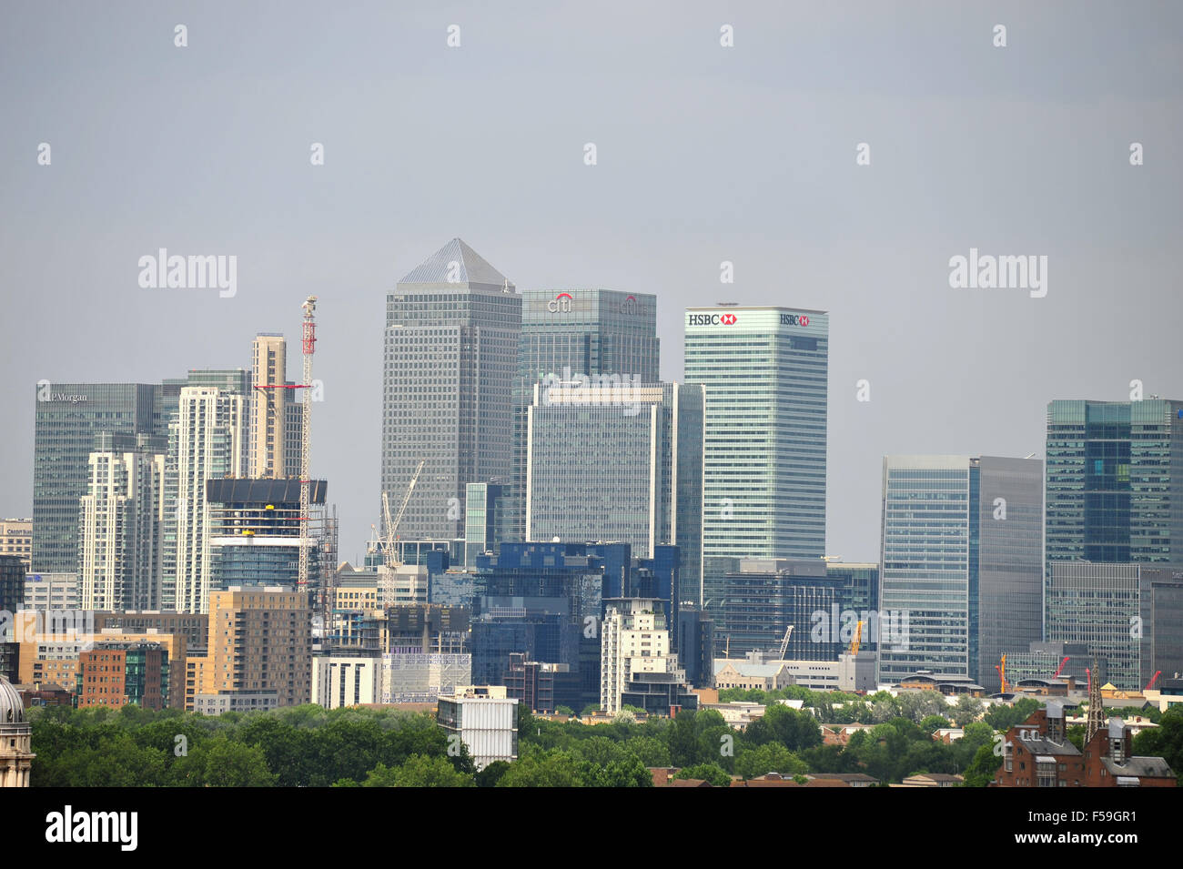 A view of the tall buildings on Canary Wharf as seen from across the ...