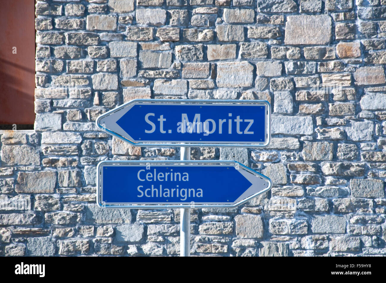 Road signs indicating Saint Moritz and Celerina Stock Photo