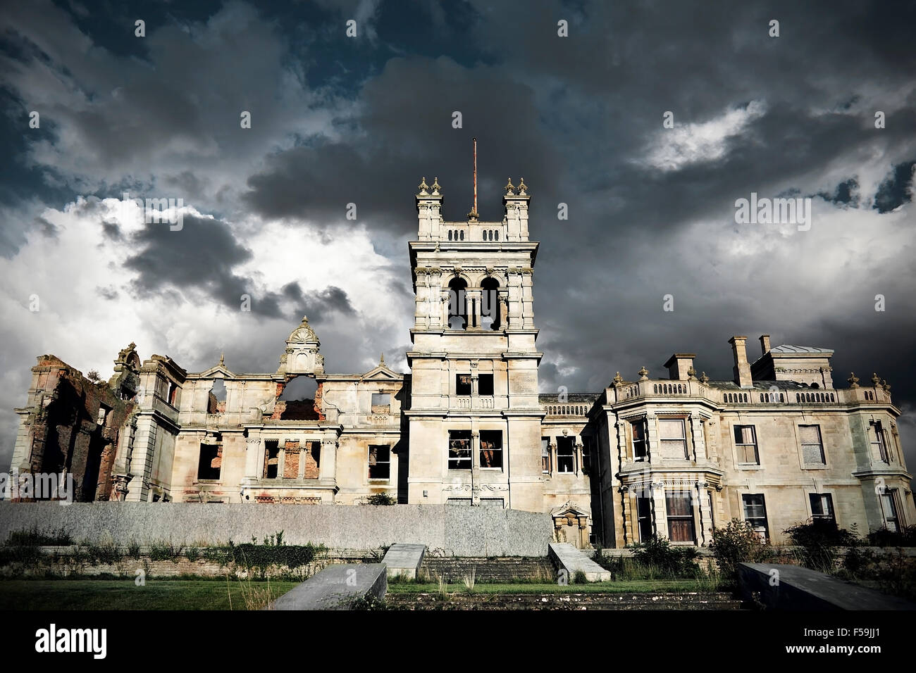 Dramatic Clouds over Abandoned Manor Stock Photo