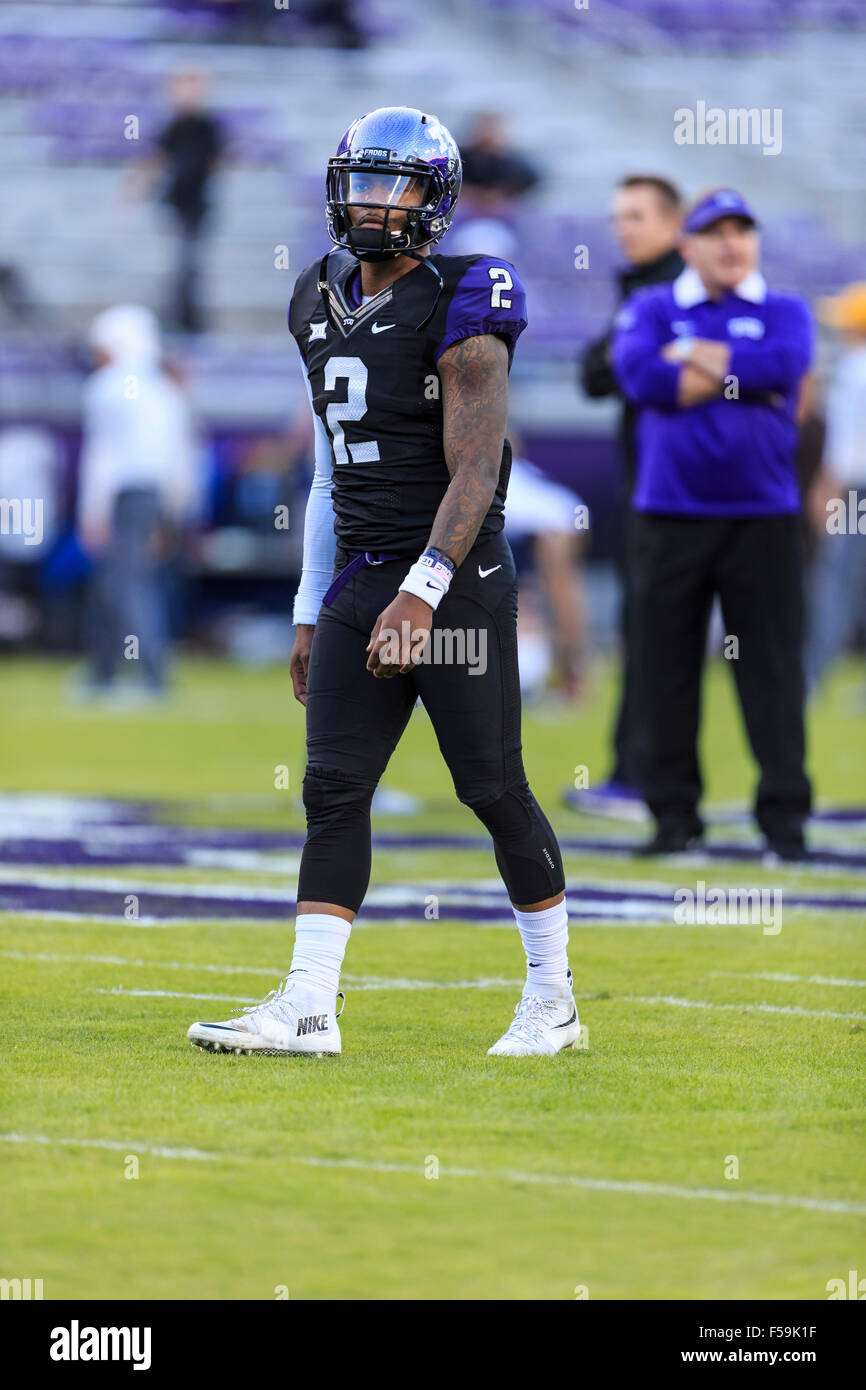 Fort Worth, Texas, USA. 29th Oct, 2015. quarterback Trevone Boykin (2) of the TCU Horned Frogs warms up prior to the NCAA football game between the West Virginia Mountaineers and TCU Horned Frogs at Amon Carter Stadium in Fort Worth, Texas. JP Waldron/Cal Sport Media/Alamy Live News Stock Photo