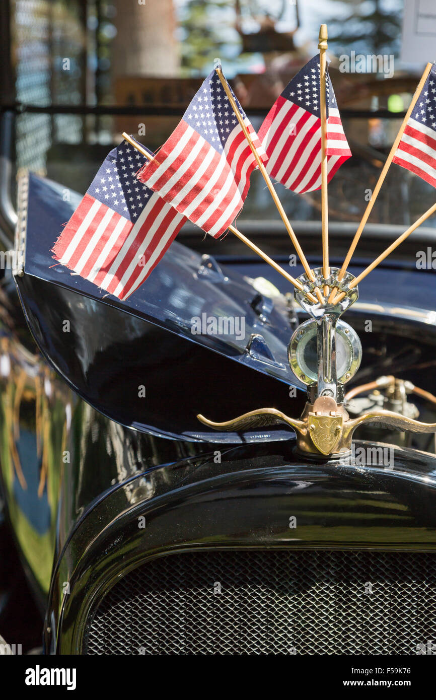 American Flags On Hood Ornament of Classic Vintage Car Stock Photo Alamy