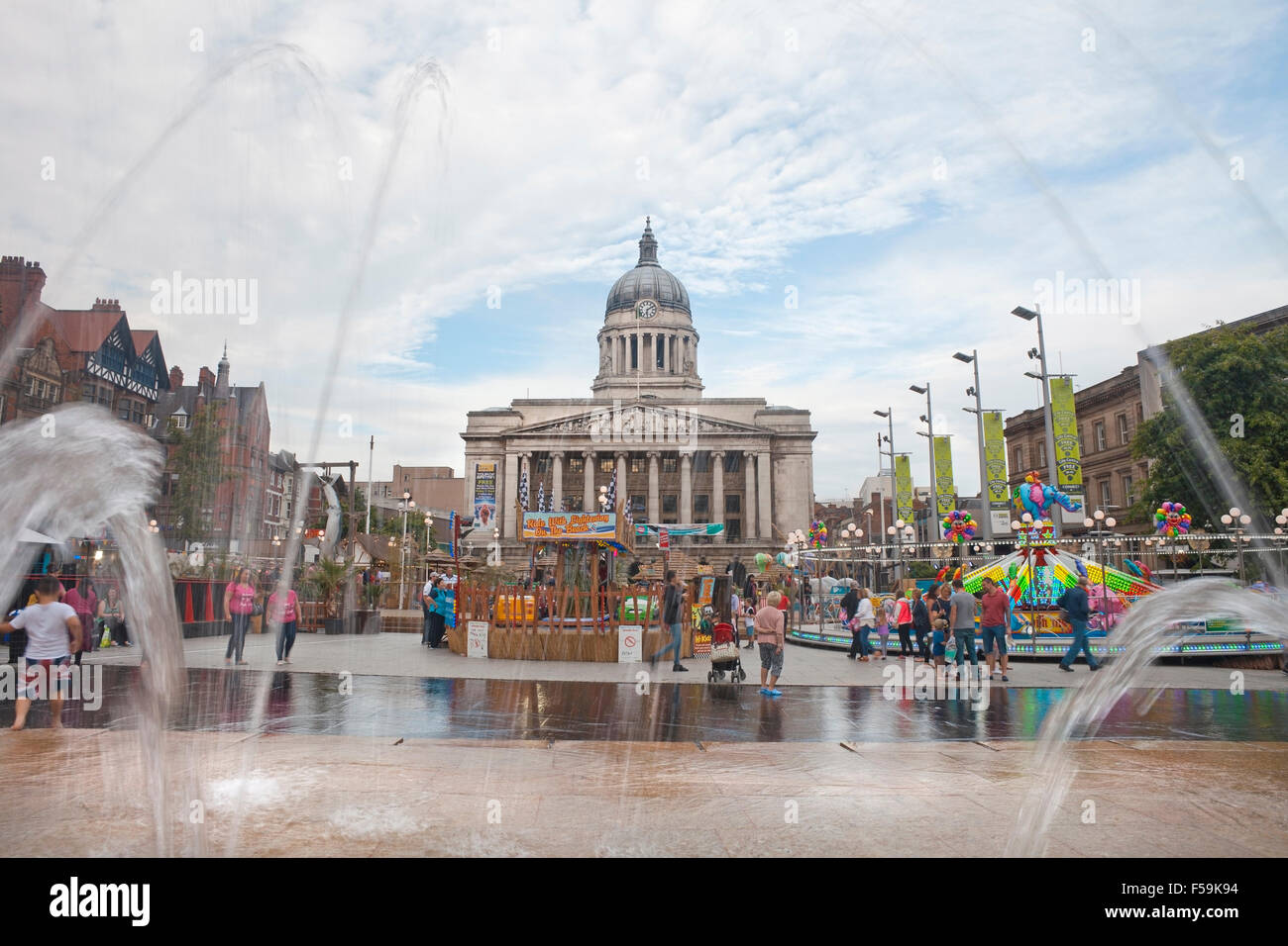 Nottingham City Centre Hall View from Behind of Splashing Fountains Stock Photo