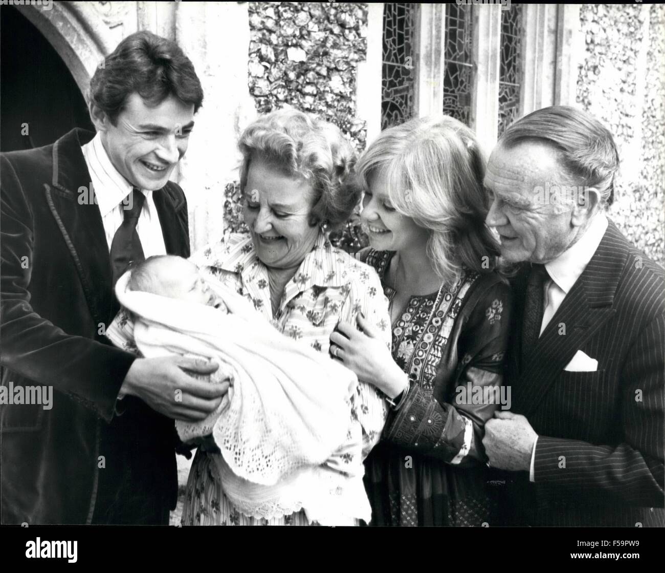 1972 - Hayley Mills's Month Old Love Baby Jason Is Christened Actress Hayley Mill's month old Love Baby Jason was christened at the Parish Church, Denham, Bucks. Where she was herself christened 30 years ago. Hayley Mills is married to film producer Roy Boulting, but they are parted. Jason's father is actor Leigh Lawson, they have no plans to marry. Photo Shows:- Seen after the Christening at the Paris Church Denham L-R Leigh Lawson, father of the baby, Mary Hayley Bell holding Jason, Hayley Mills, and her father John Mills. © Keystone Pictures USA/ZUMAPRESS.com/Alamy Live News Stock Photo