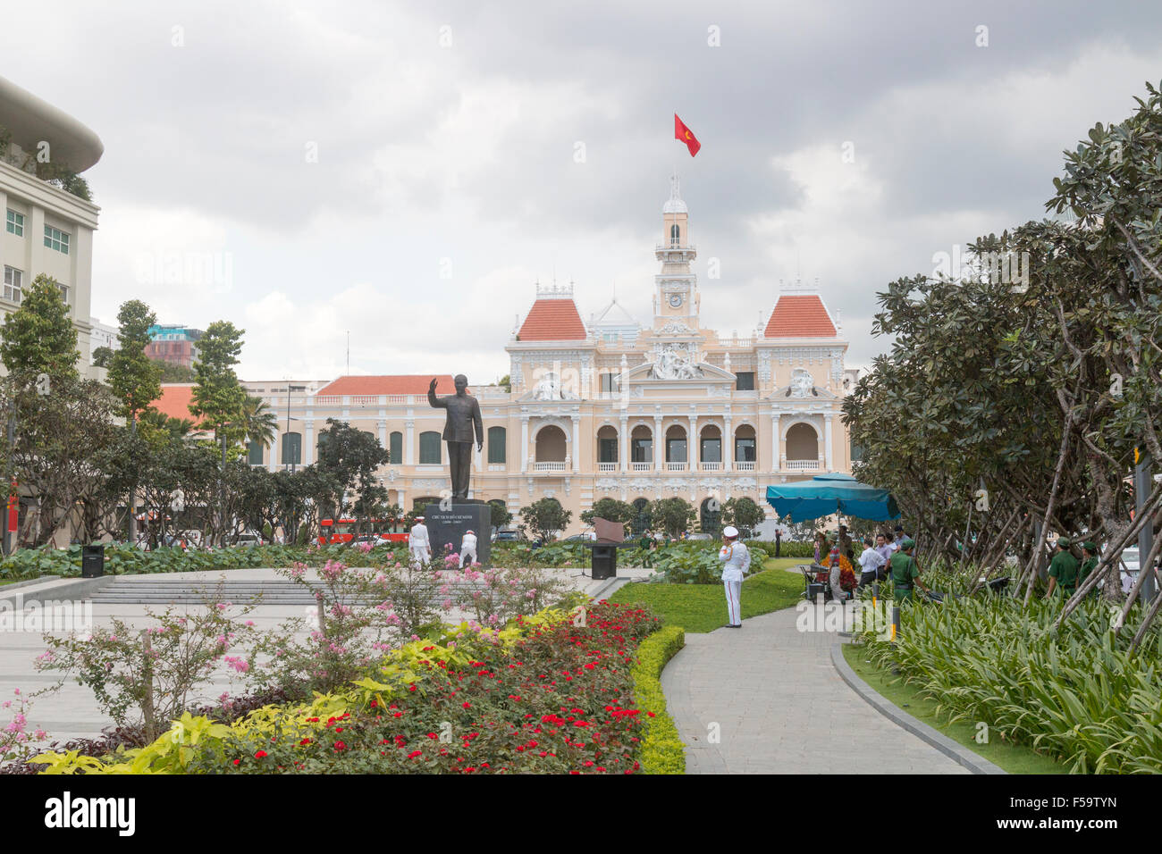 Ho Chi Minh city hall or Hotel de Ville de saigon or People's committee building in Ho chi Minh with statue of namesake,Vietnam Stock Photo
