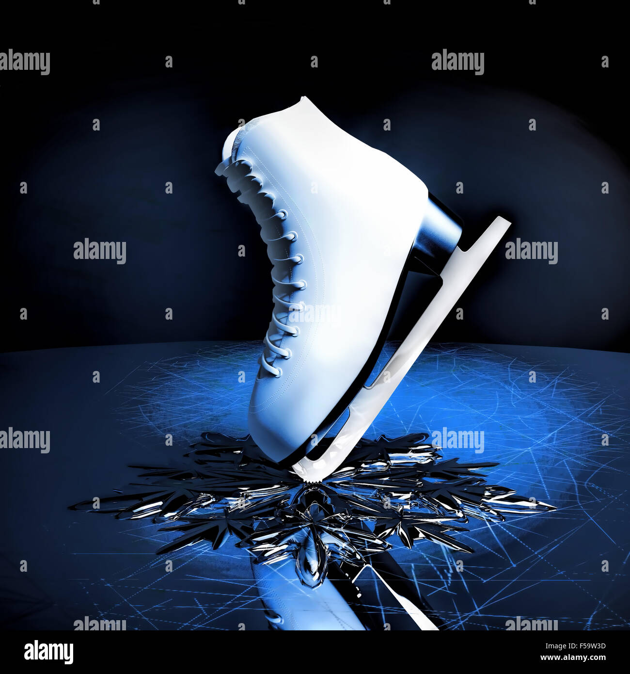 Close up view of The skat for figure skating and a snowflake on skating rink ice. Stock Photo