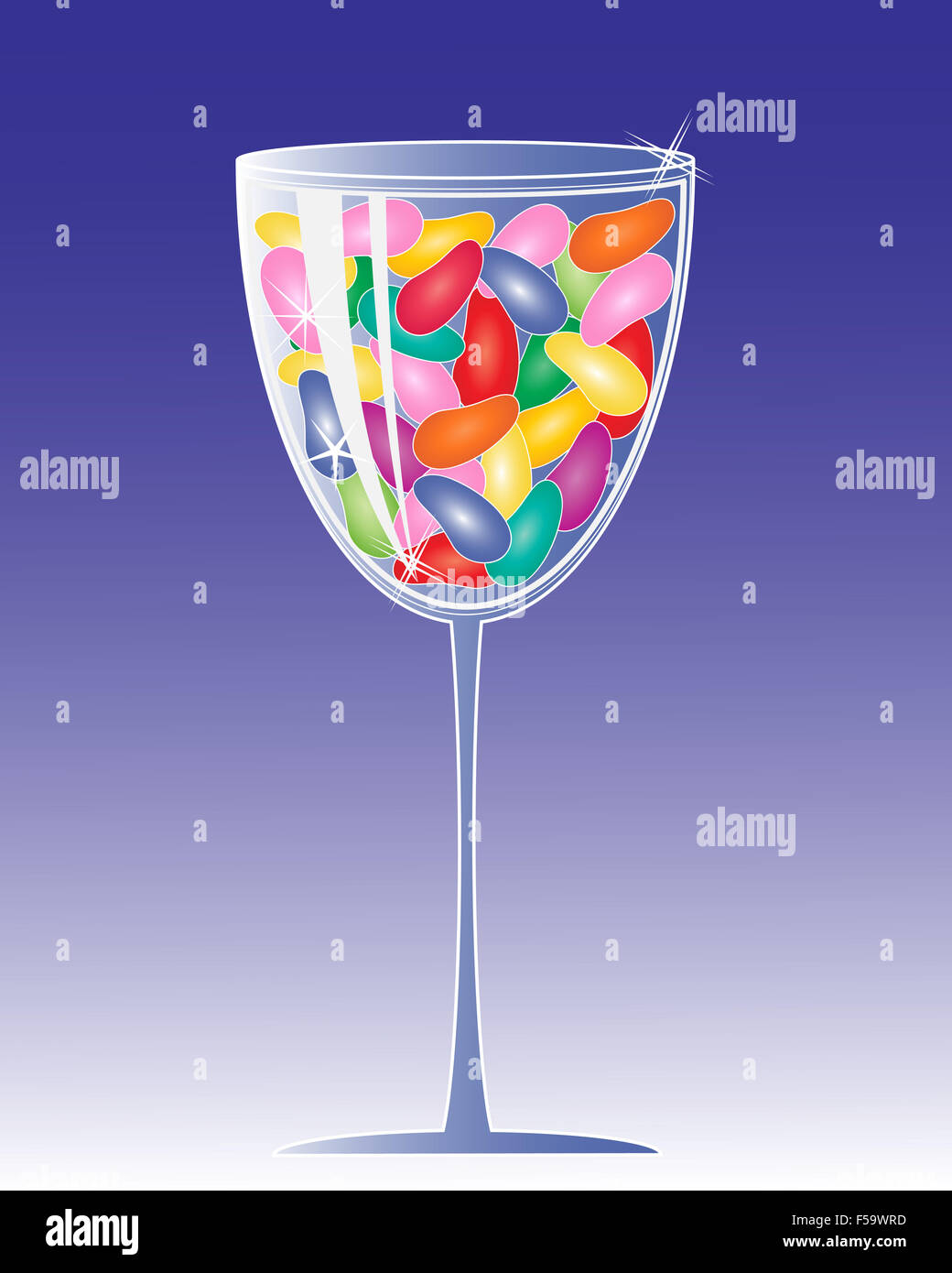 an illustration of a crystal drinks glass full of colorful jelly beans