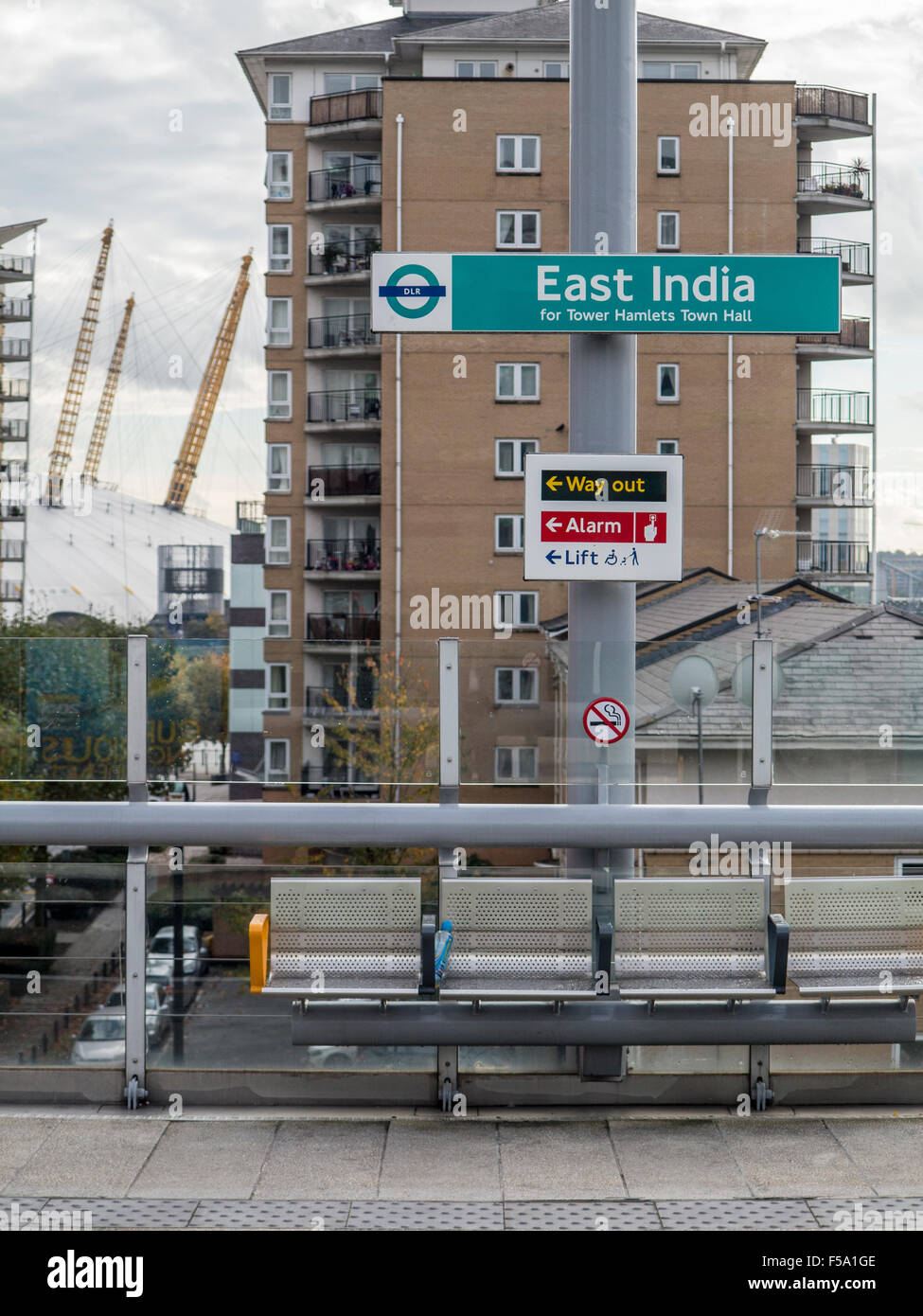 East India Dock Docklands Light Railway DLR station with the Millennium Dome in the background Stock Photo