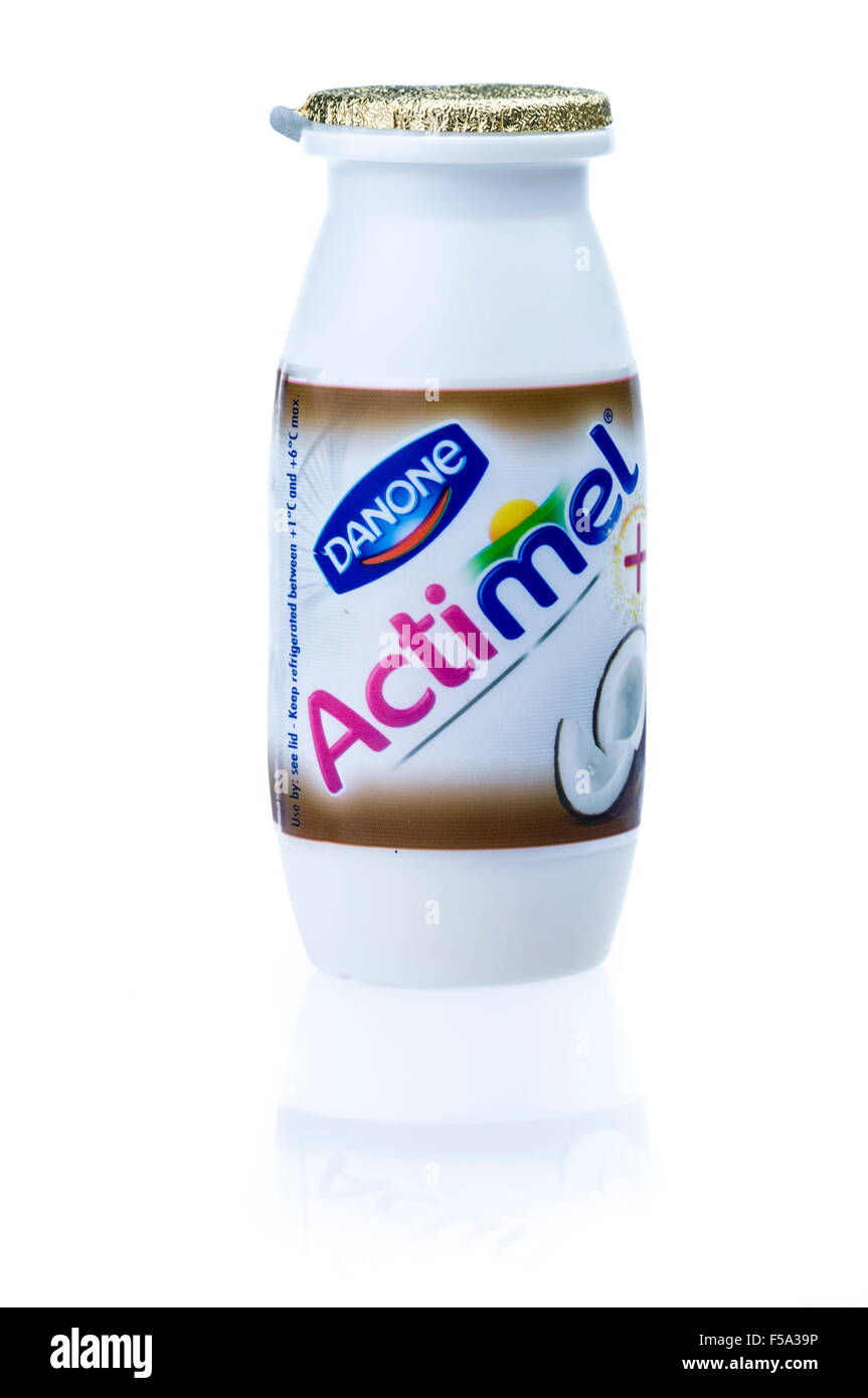 Coconut flavoured Actimel (Danactive in the US) from Danone  probiotic yogurt-type drink Stock Photo