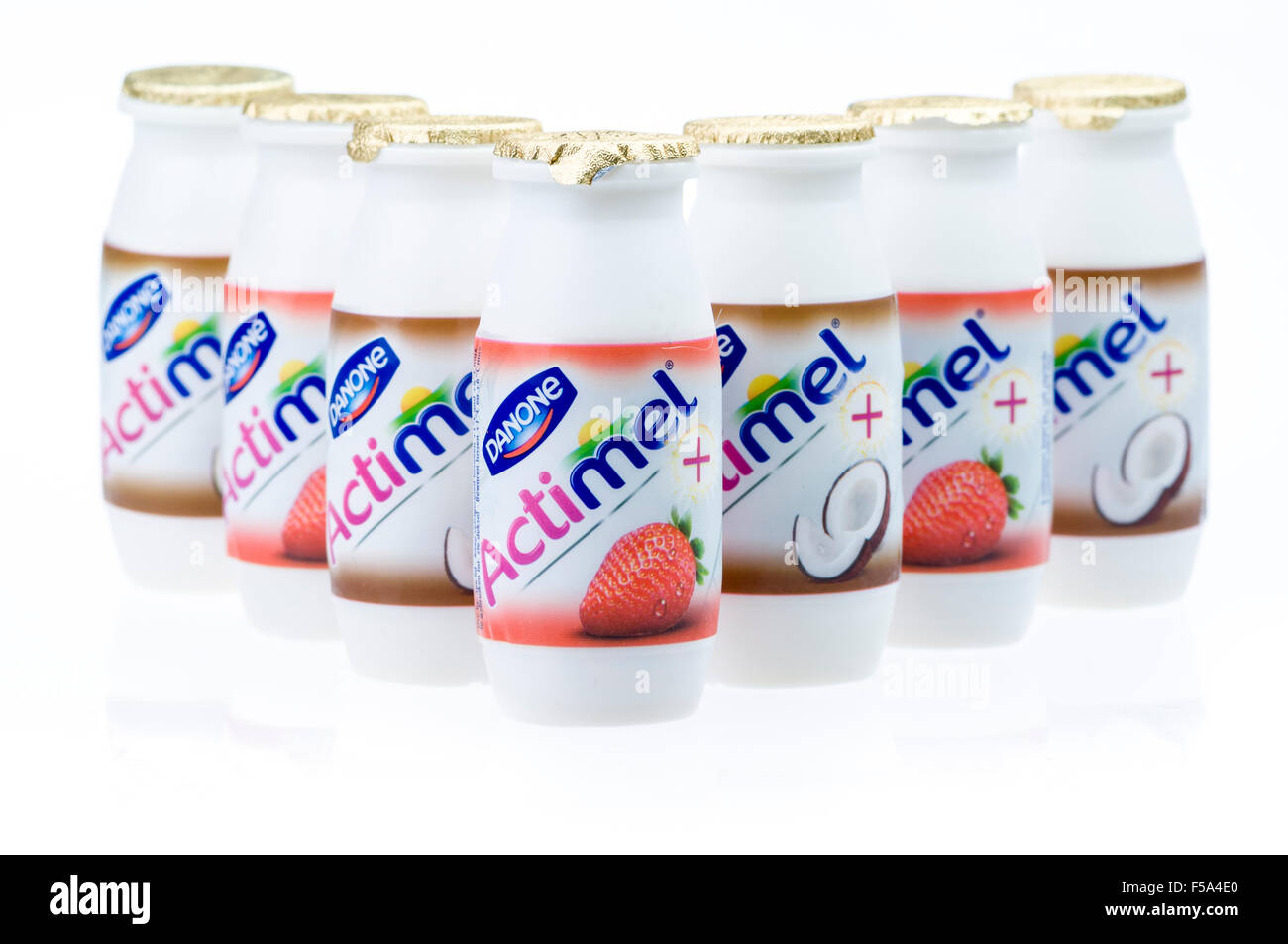 Coconut and strawberry flavoured Actimel (Danactive in the US) from Danone  probiotic yogurt-type drink Stock Photo