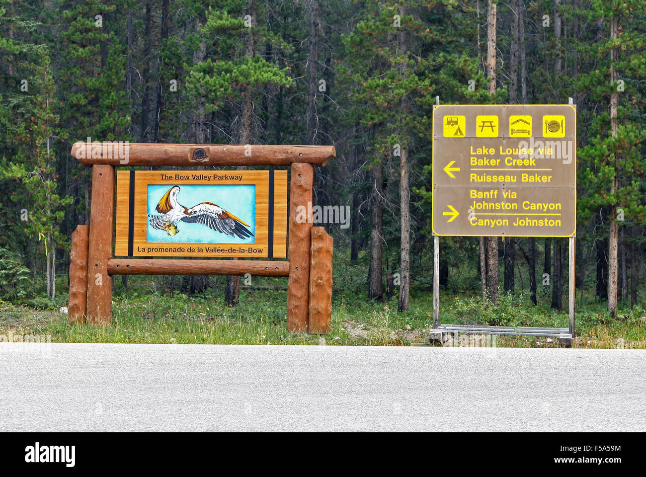 Signs for the Bow Valley Parkway Banff National Park Alberta Canada Stock Photo