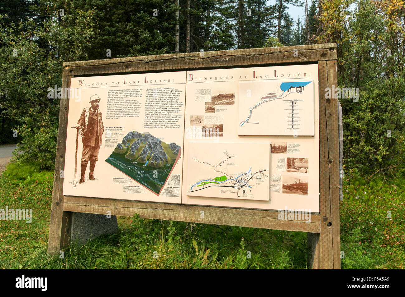 A sign saying welcome to Lake Louise Banff National Park Alberta Canada Stock Photo