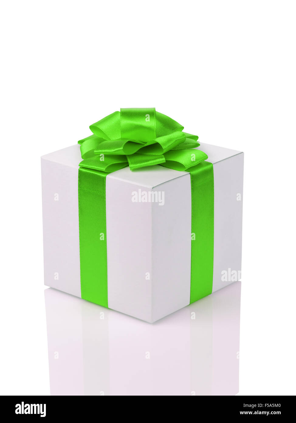 white paper gift box with green ribbon bow isolated Stock Photo