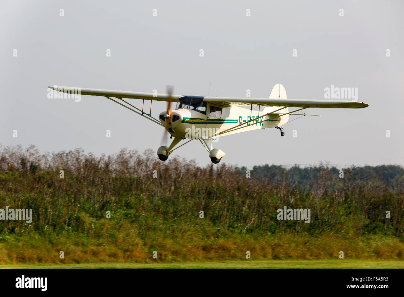 Taylorcraft BC12D Twosome G-BTFK landing at Breighton Airfield Stock Photo