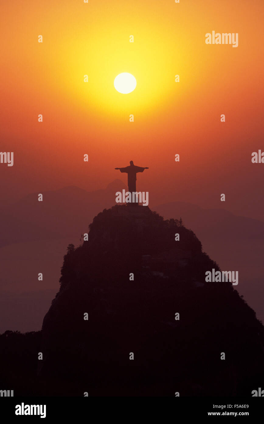 Sunrise at Christ the Redeemer statue, Rio de Janeiro, Brazil. Stock Photo