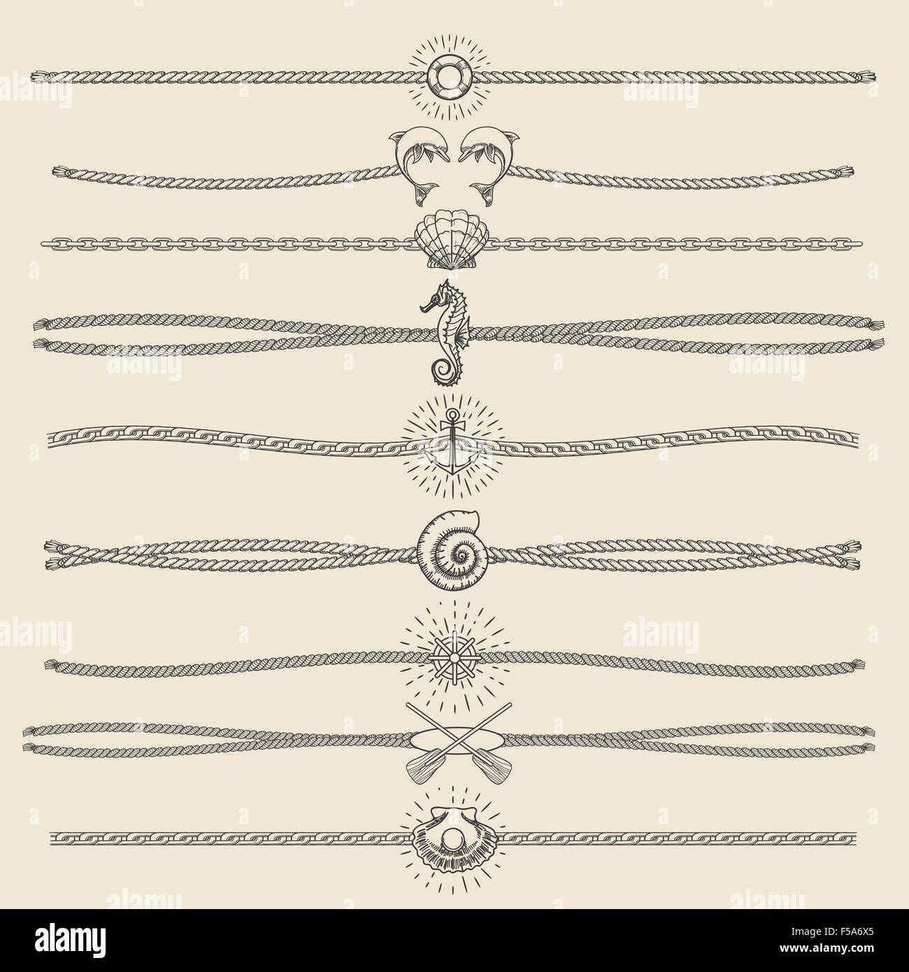 Set of nautical ropes and chains decor elements in hipster style. Hand drawn dividers and borders with dolphins etc Stock Vector