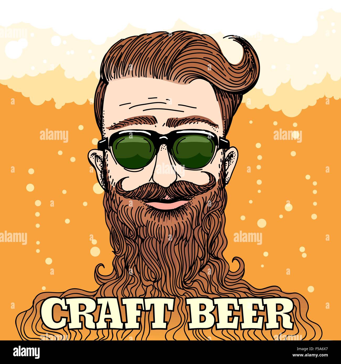 Hipster Head with huge beard with lettering Craft beer against beer foam and bubbles. Colorful illustration in retro style. Stock Vector