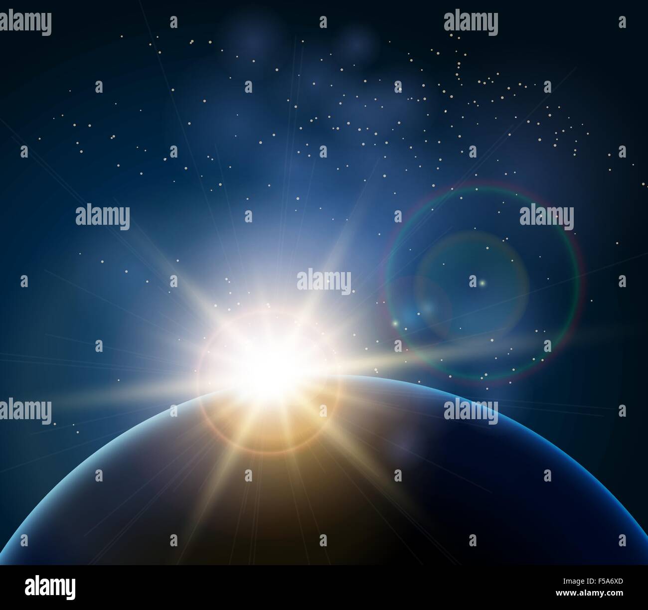 Rising Sun over the planet Earth. Illustration in realistic style Stock Vector