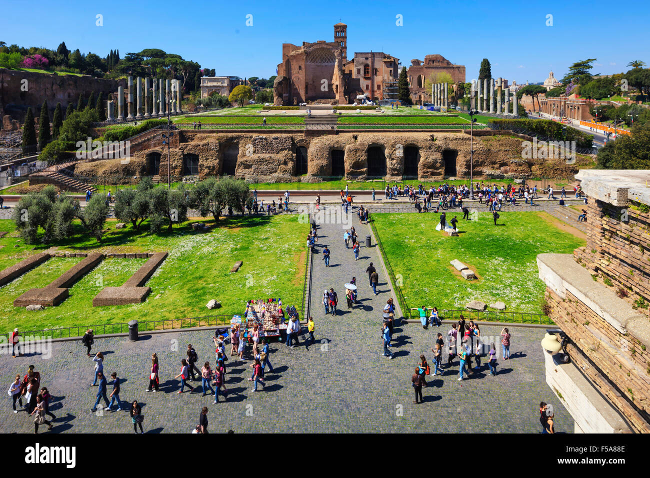 Roman palatine hill forum ruins view from colosseum. Unesco heritage site. Rome, Italy. Stock Photo