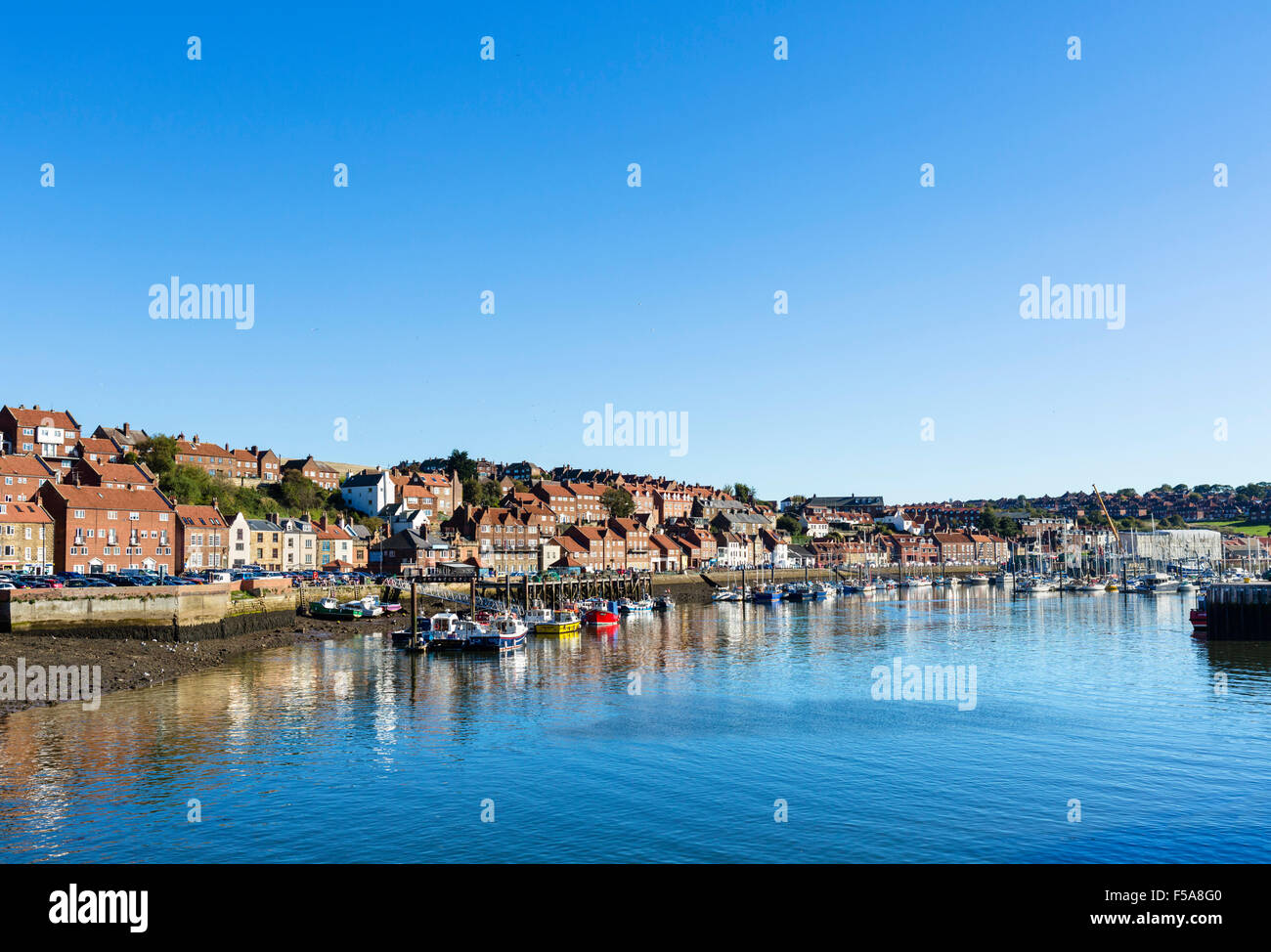 Boats moored on the River Esk in Whitby, North Yorkshire, England, UK Stock Photo