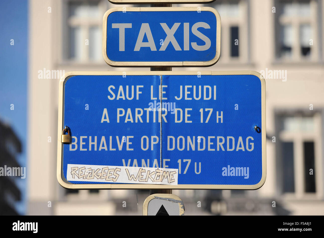 Brussels, Belgium. 31st October, 2015. Refugees Welcome sticker on ...