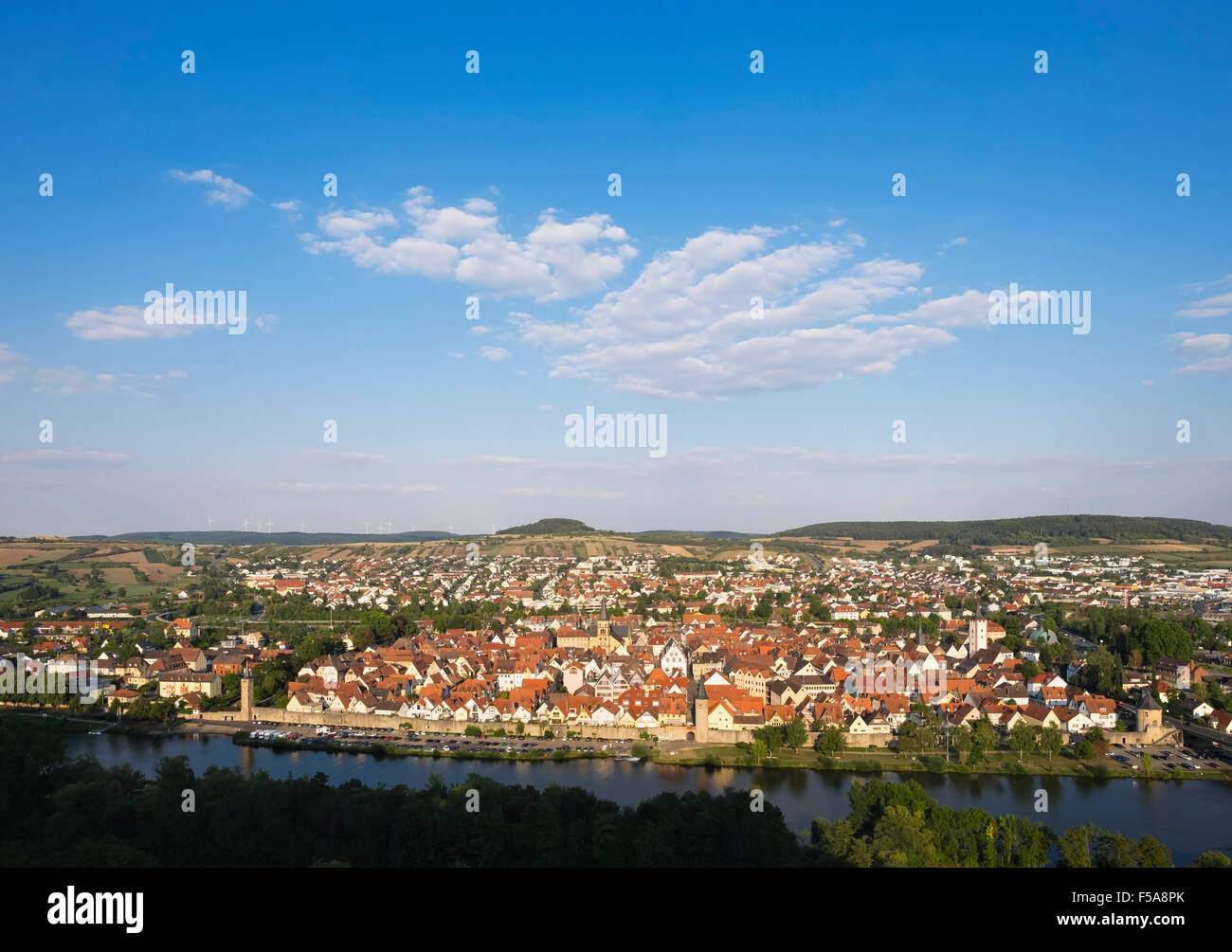 Main River and historic centre, Karlstadt, Lower Franconia, Franconia, Bavaria, Germany Stock Photo