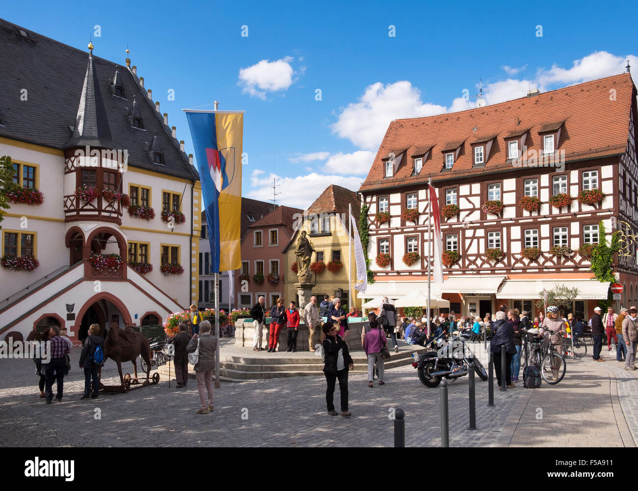 Market square, town hall and Hotel Behringer, Volkach, Franconia, Lower Franconia, Franconia, Bavaria, Germany Stock Photo
