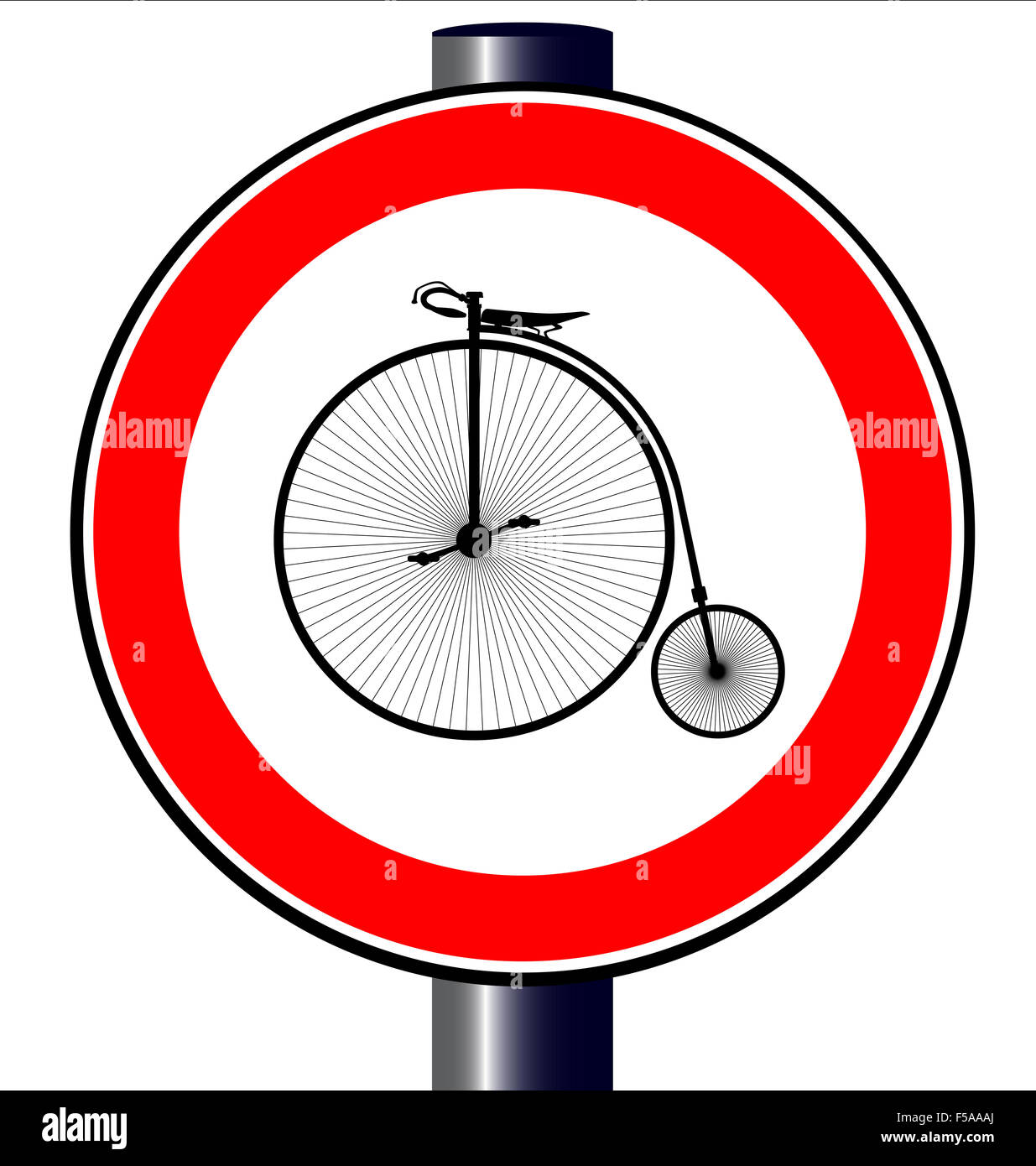 A large round red traffic sign displaying a penny farthing bicycle Stock Photo