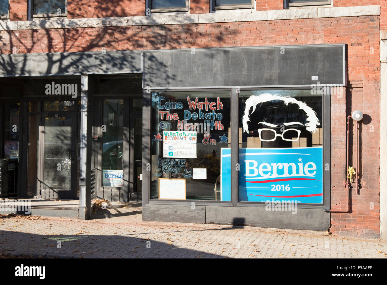 Bernie Sanders presidential campaign office window with sign and iconic