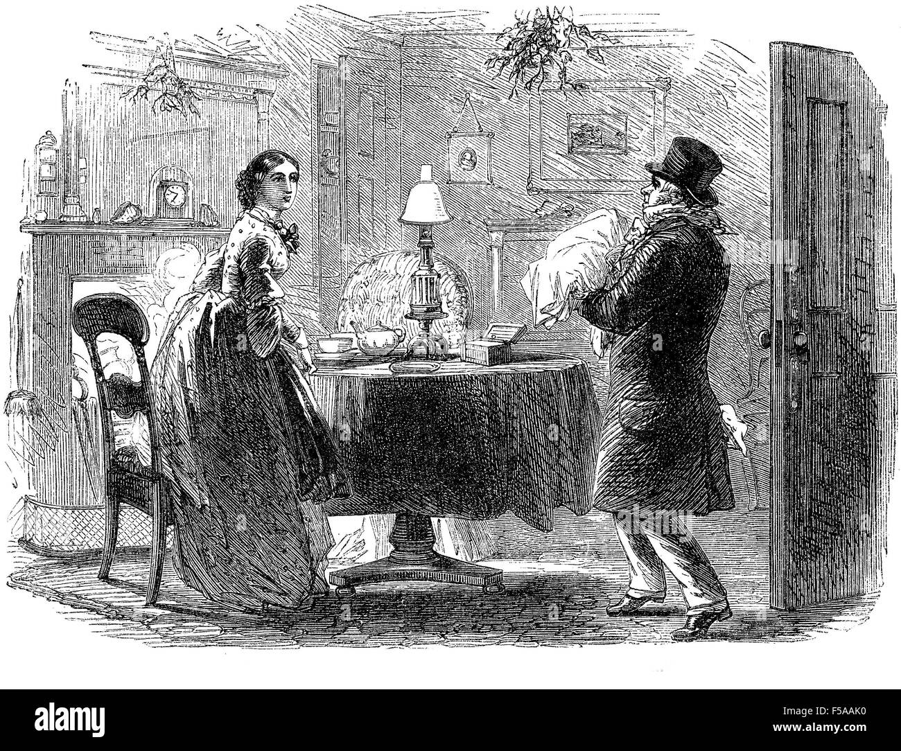 Christmas Eve vintage illustration, an unexpected Christmas gift. Visitor enters in the parlor carrying a present to a surprised woman Stock Photo