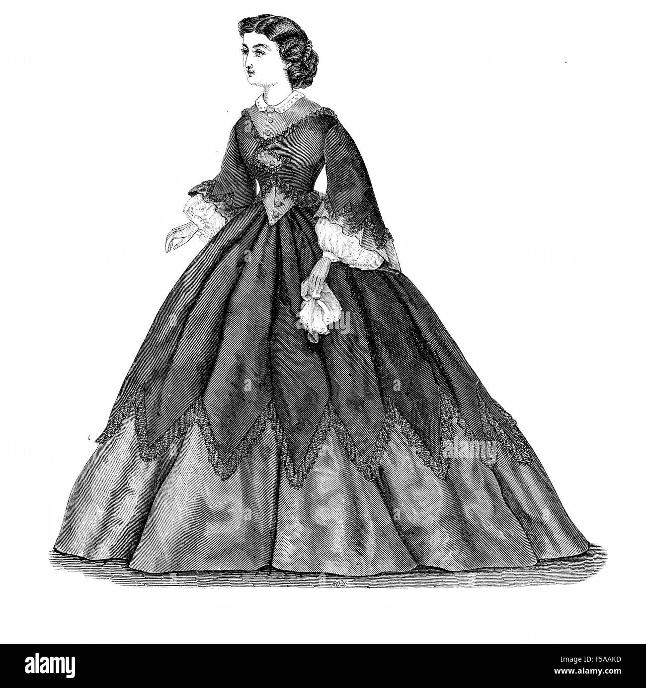 Vintage fashion illustrated, der Bazaar, Berlin 1862, lady dressed for a promenade Stock Photo