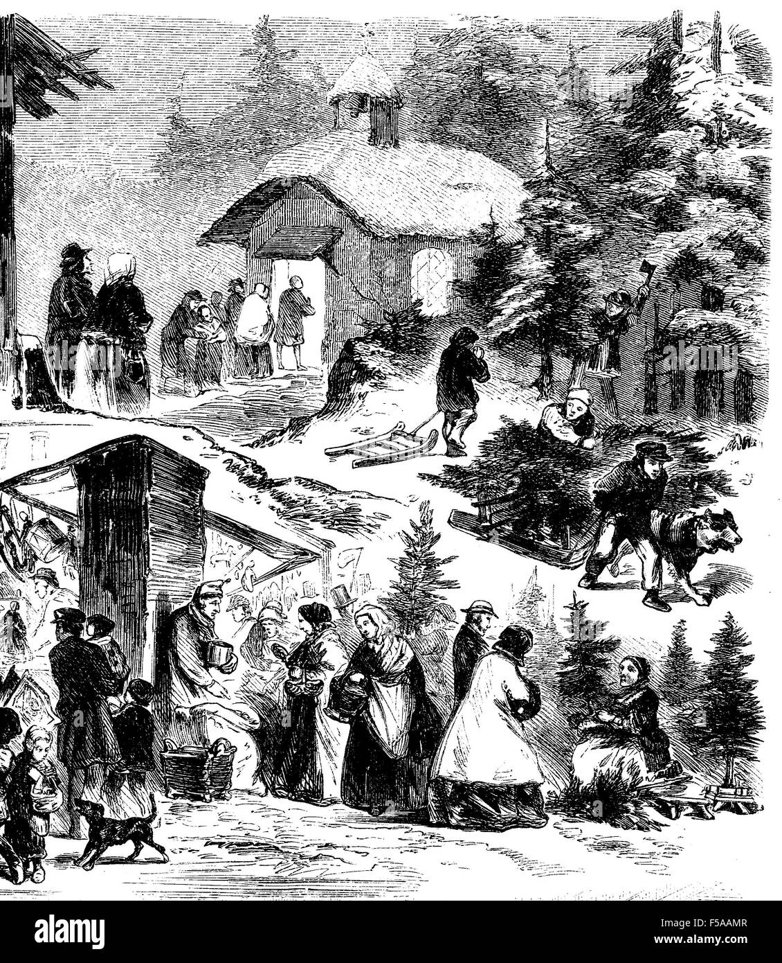 Vintage Christmas night  illustration: people going to church, cutting Christmas trees  transporting them with sleds to the market to sell, make charity to a beggar Stock Photo
