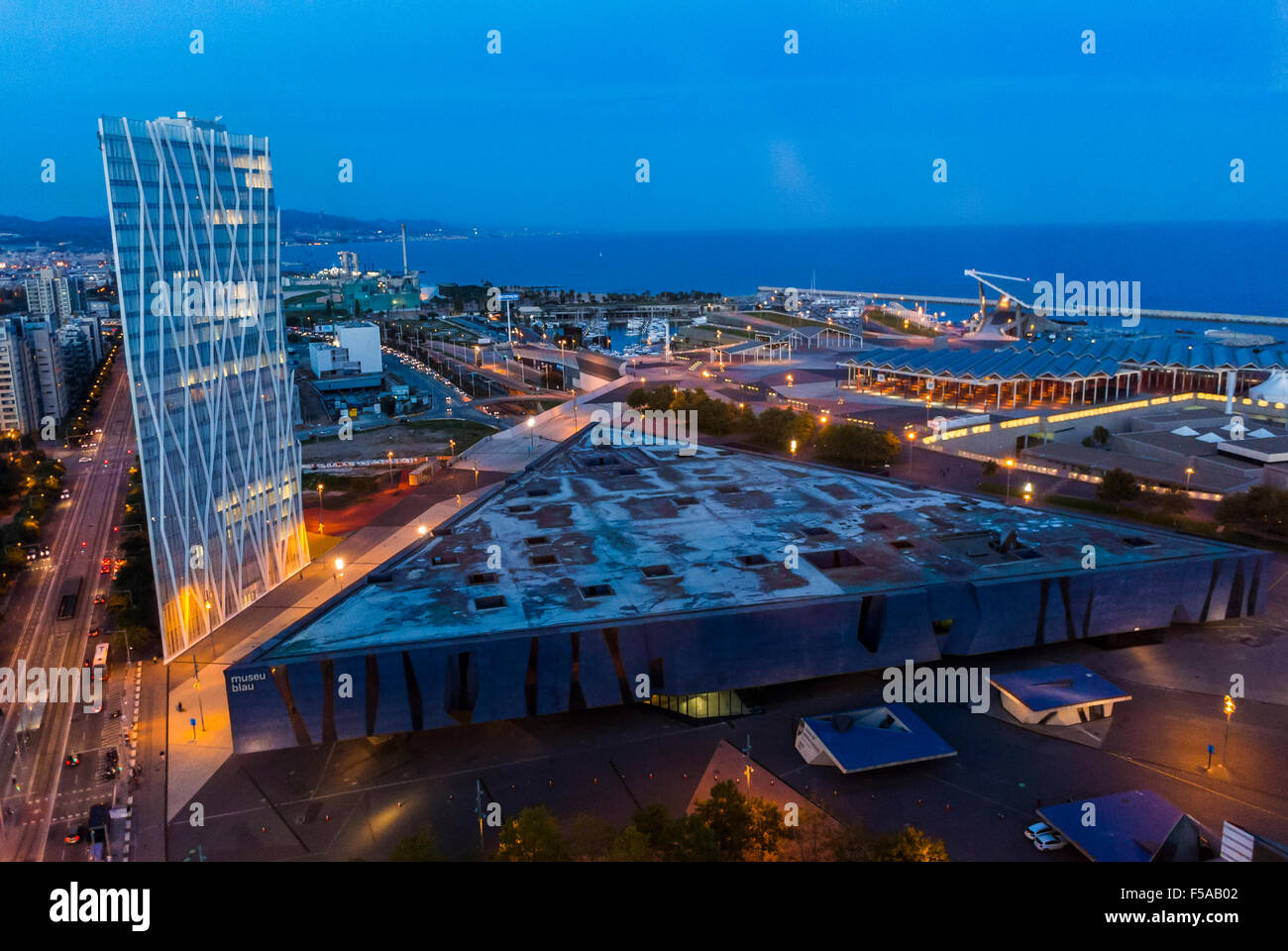 Barcelona, Spain, Port Forum Neighborhood, 'Edifici Forum' Building Rooftop, Modern Architecture, Cityscape at Night Stock Photo