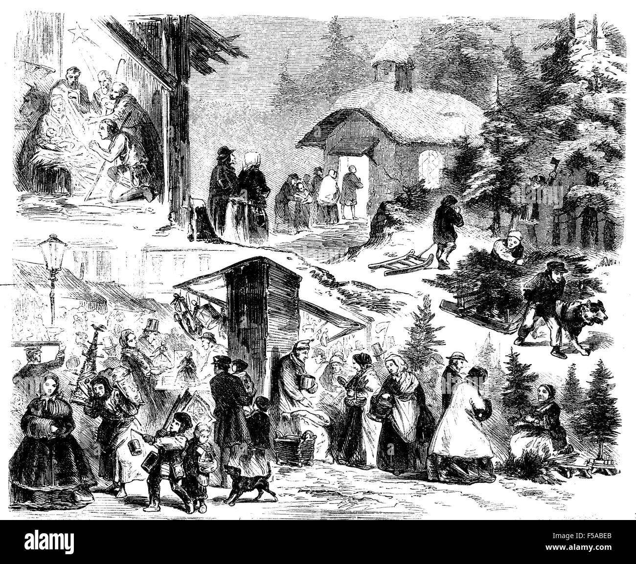 Vintage Christmas night described by 4 interlaced scenes, believers going to church, a living nativity representation,Christmas trees cut and put on sell at beautiful Christmas market full of people buying presents and offering charity to a beggar Stock Photo