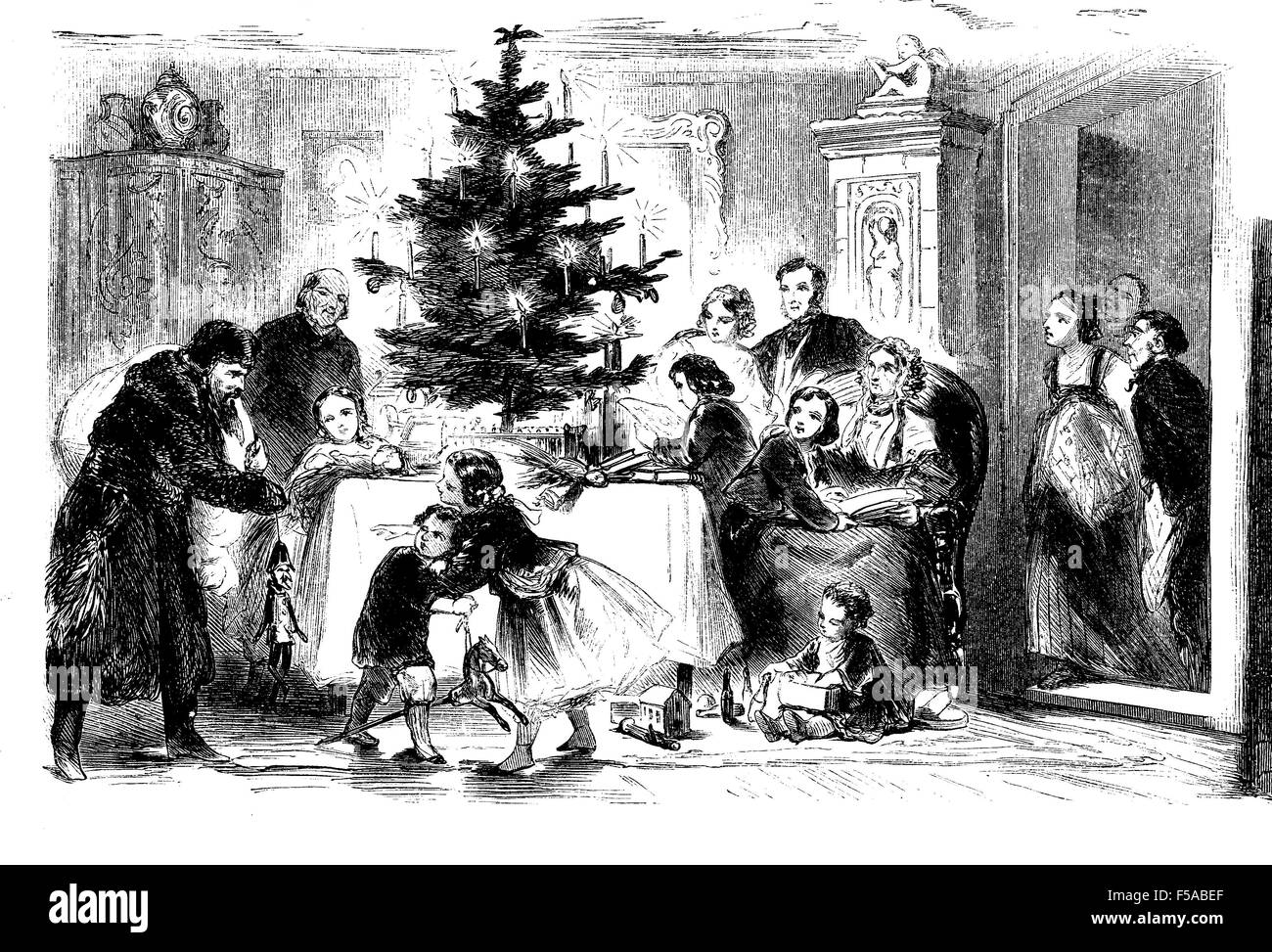 Upper class home: Santa Claus is coming with Christmas presents and toys for the children, vintage illustration Stock Photo