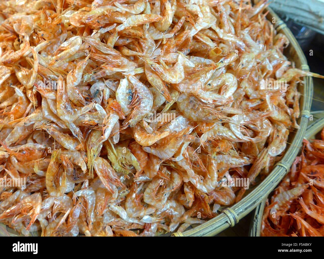 The closeup of dried shrimp in market Stock Photo