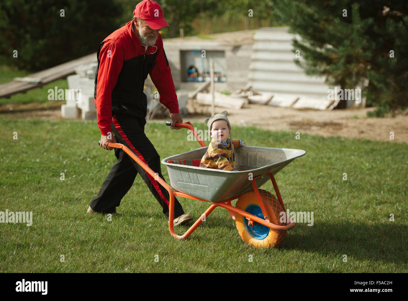 cute little boy sitting in wheelbarrow Stock Photo - Alamy