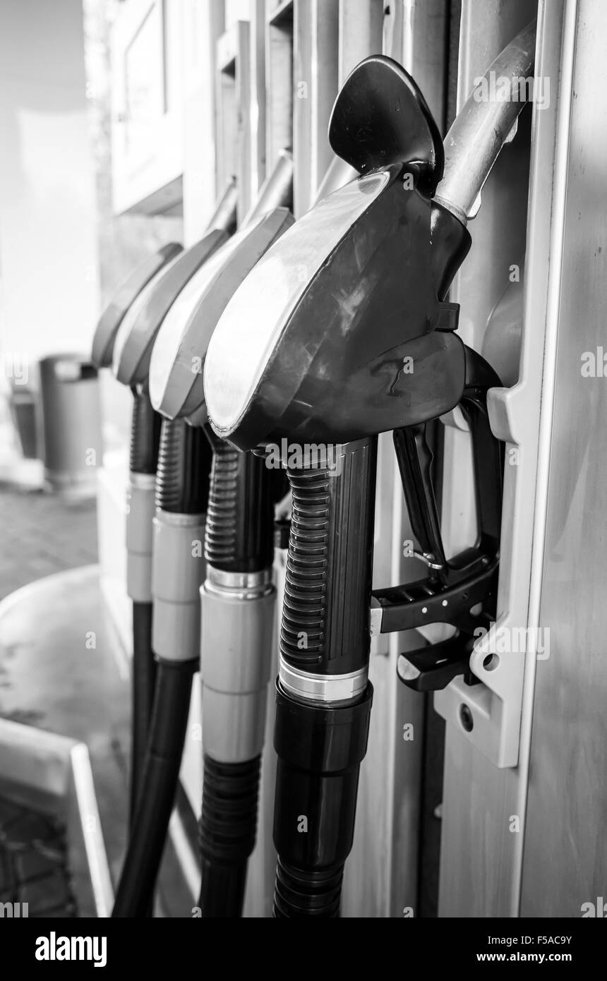 Petrol pumps at an automatic gas station, monochrome photo Stock Photo