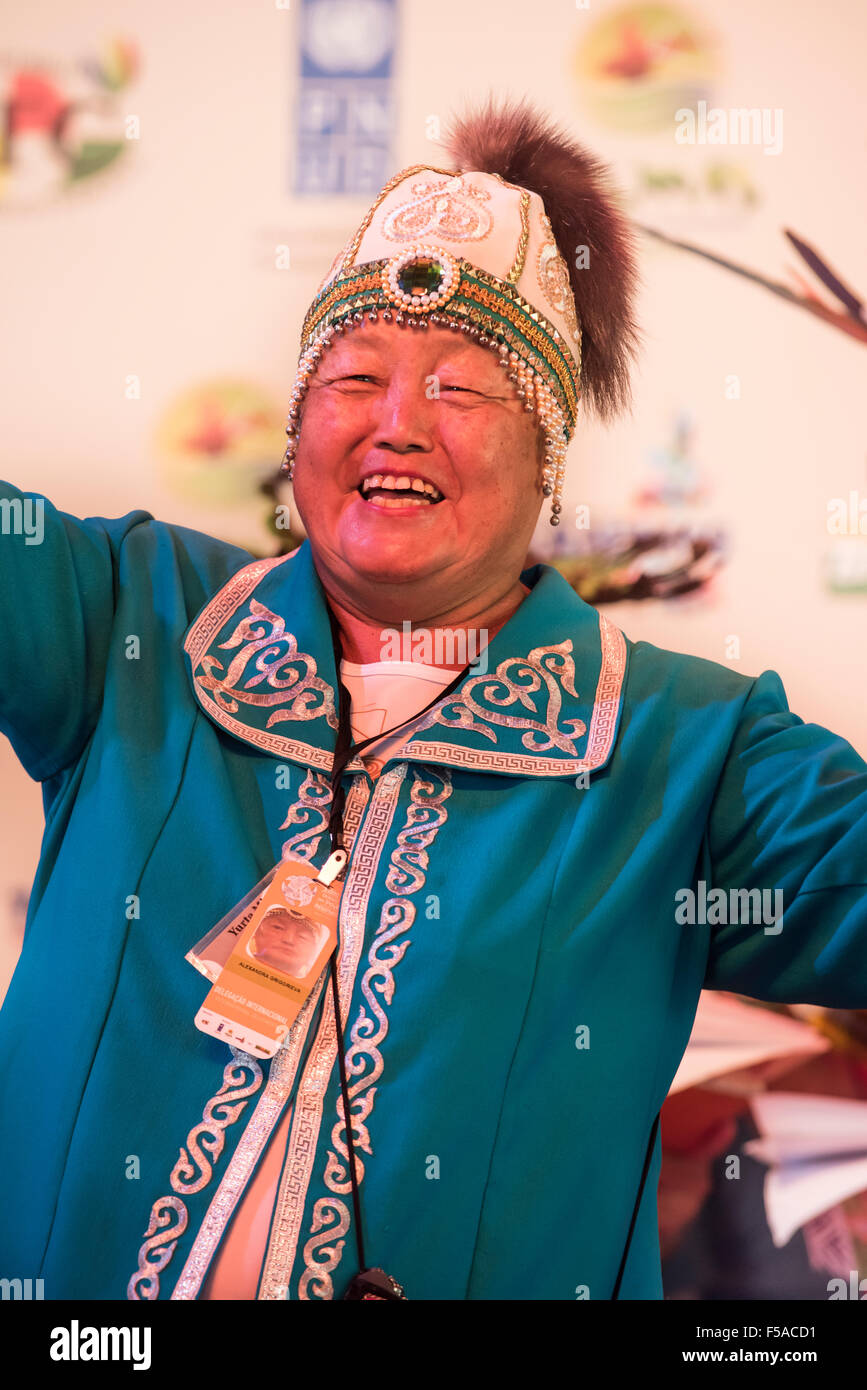 Palmas, Tocantins State, Brazil. 29th October, 2015. Alexandra Grigorieva, the single delegate from Siberia, smiles a greeting during a cultural event at the  International Indigenous Games, in the city of Palmas, Tocantins State, Brazil. Credit:  Sue Cunningham Photographic/Alamy Live News Stock Photo
