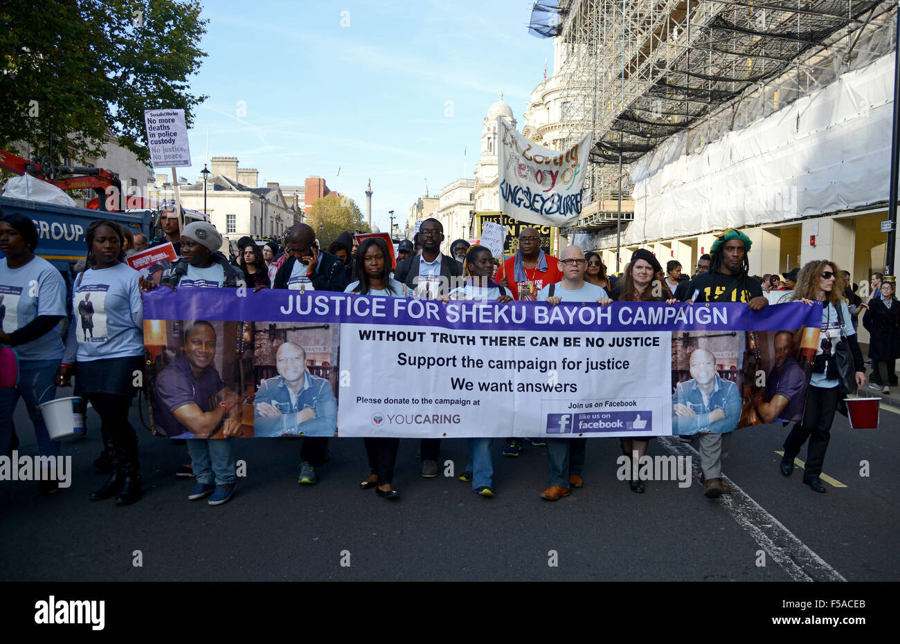 United Families and Friends Campaign, No more deaths in Police Custody, protest march to Downing Street, showing Justice for Sheku Bayoh banner, London, Britain, UK Stock Photo